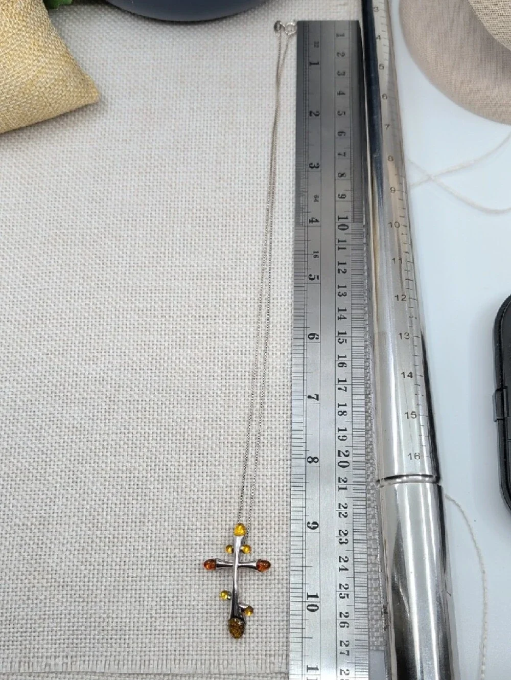 Vintage Baltic Amber Sterling Silver Cross Pendant Necklace 925 Poland 18